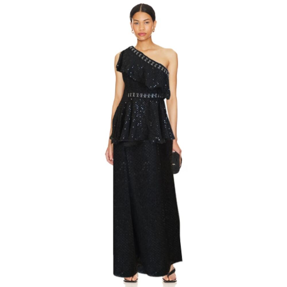 X by NBD Runway Sample One Shoulder Peplum Gown in Black NWOT Sample Size 4
